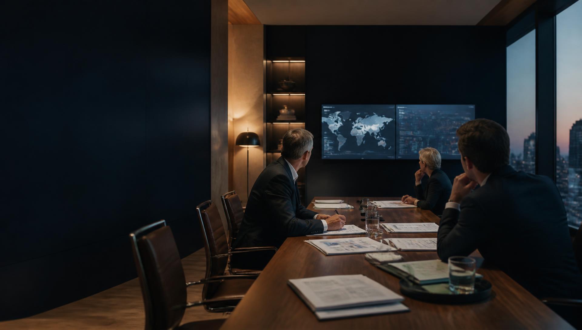 Executive strategy session reviewing government market intelligence